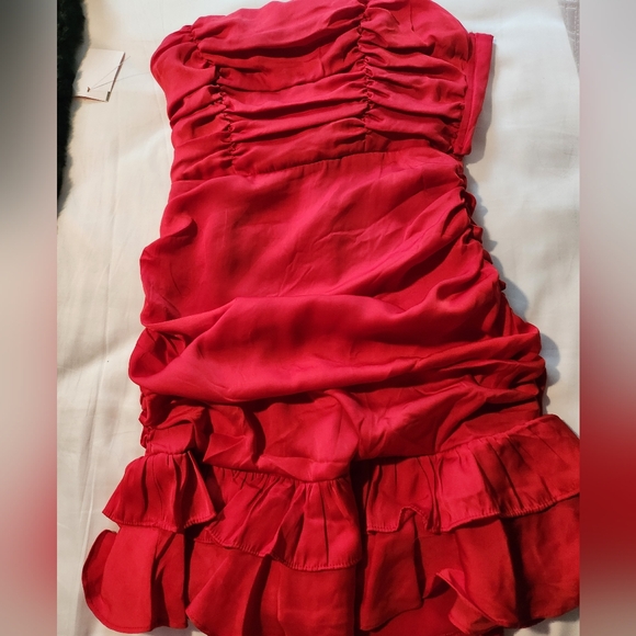 Selfie Leslie Annabella Strapless Tied Back Frill Hem Mini Dress Red - Picture 8 of 11
